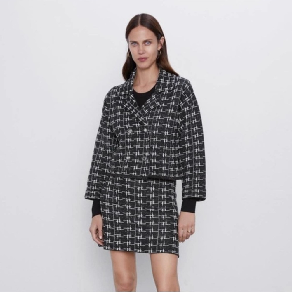 Zara Black White Metallic Sparkle Knit Jewel Button Cropped Plaid Blazer